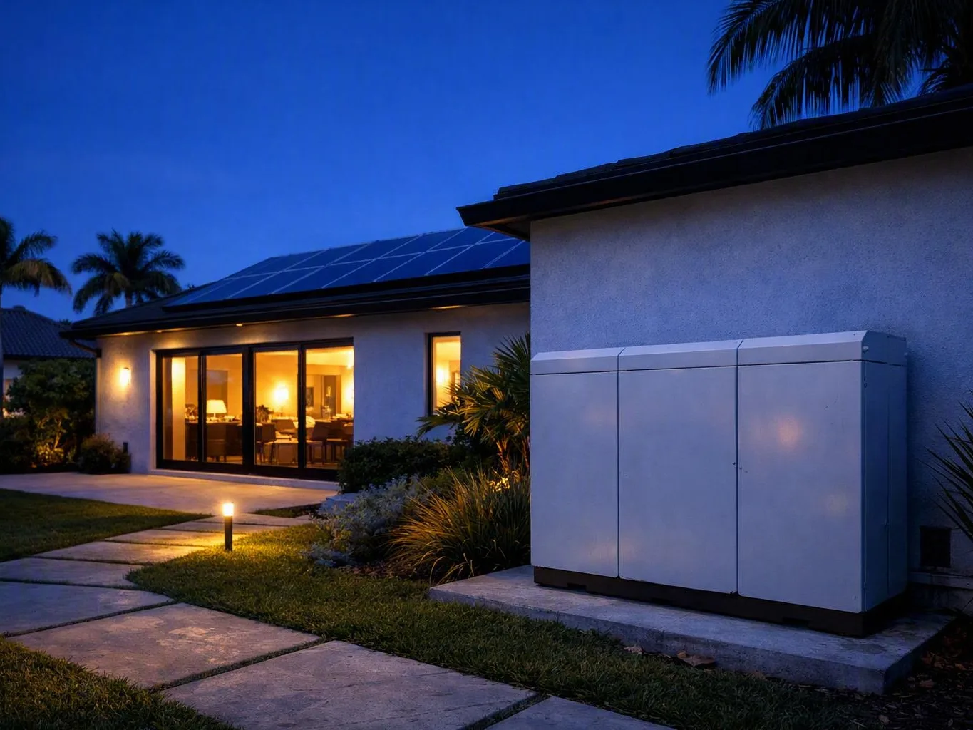 Modern house at dusk with rooftop solar panels, lit windows, and outdoor