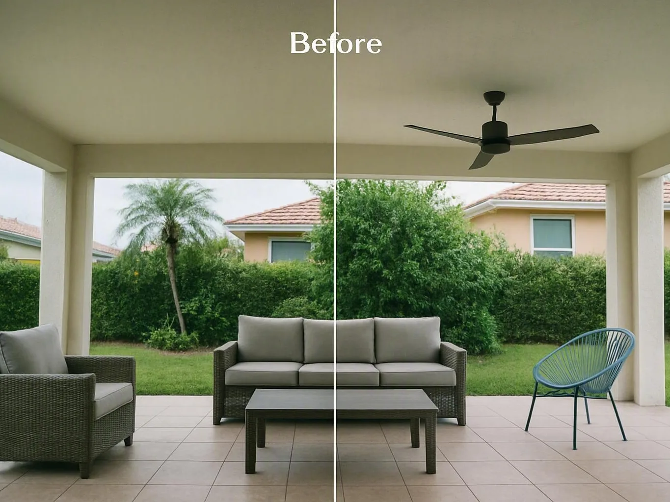 Covered patio with outdoor sofas, coffee table, blue chair, ceiling fan, and