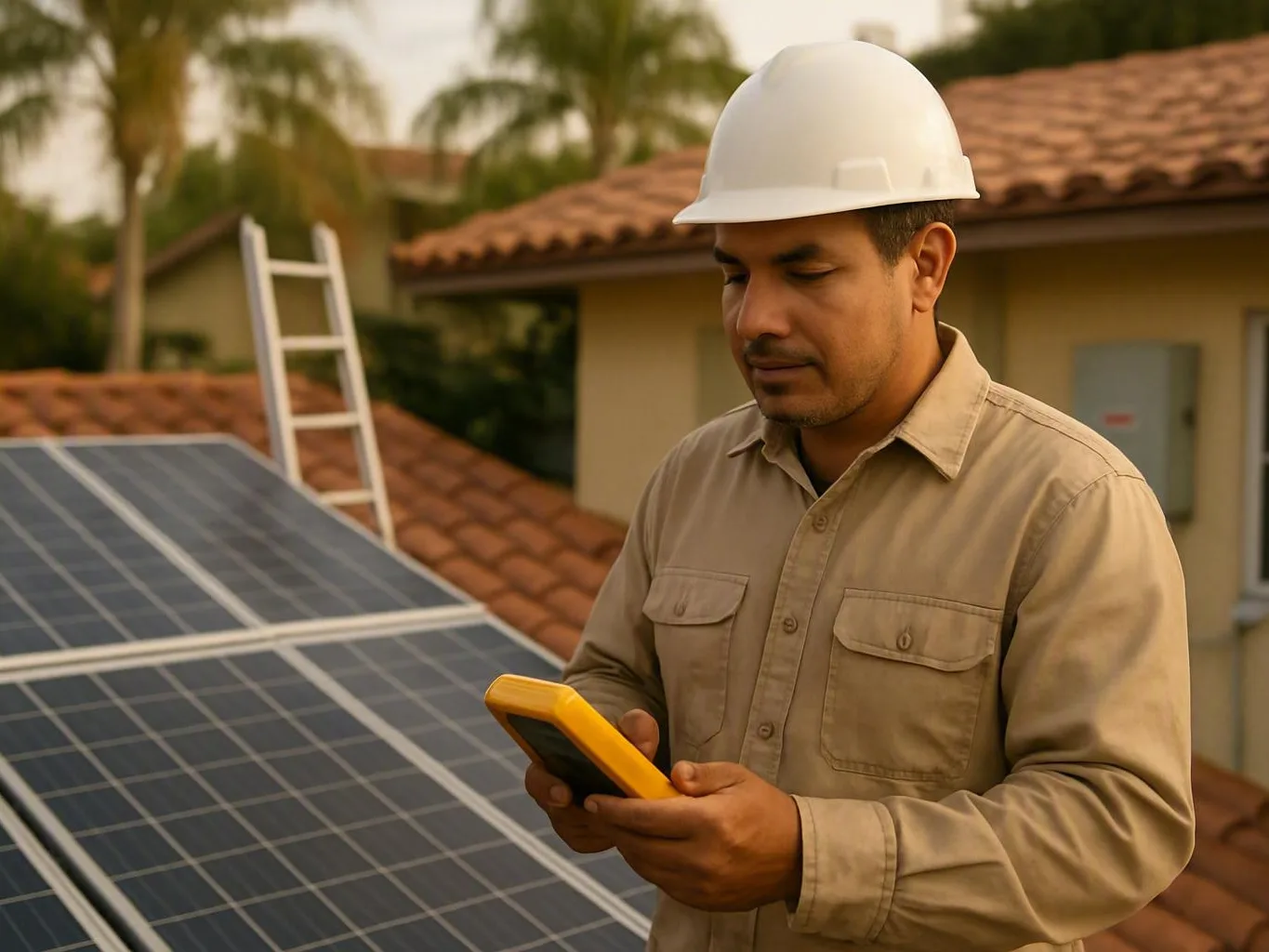 Hard hat worker checks a yellow device beside rooftop solar panels and a ladder