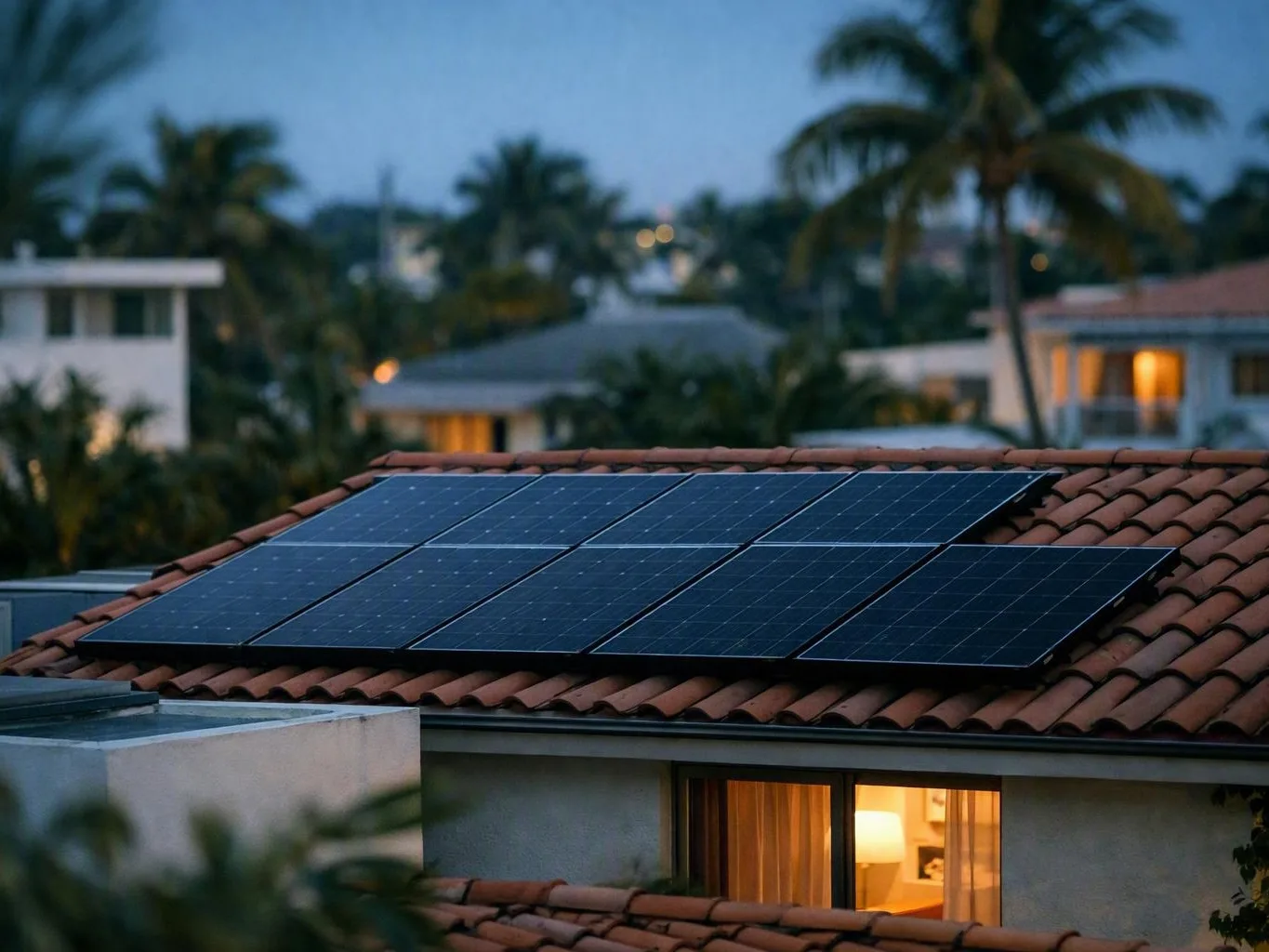 Solar panels cover a red-tile house roof at dusk, with lit windows and palm