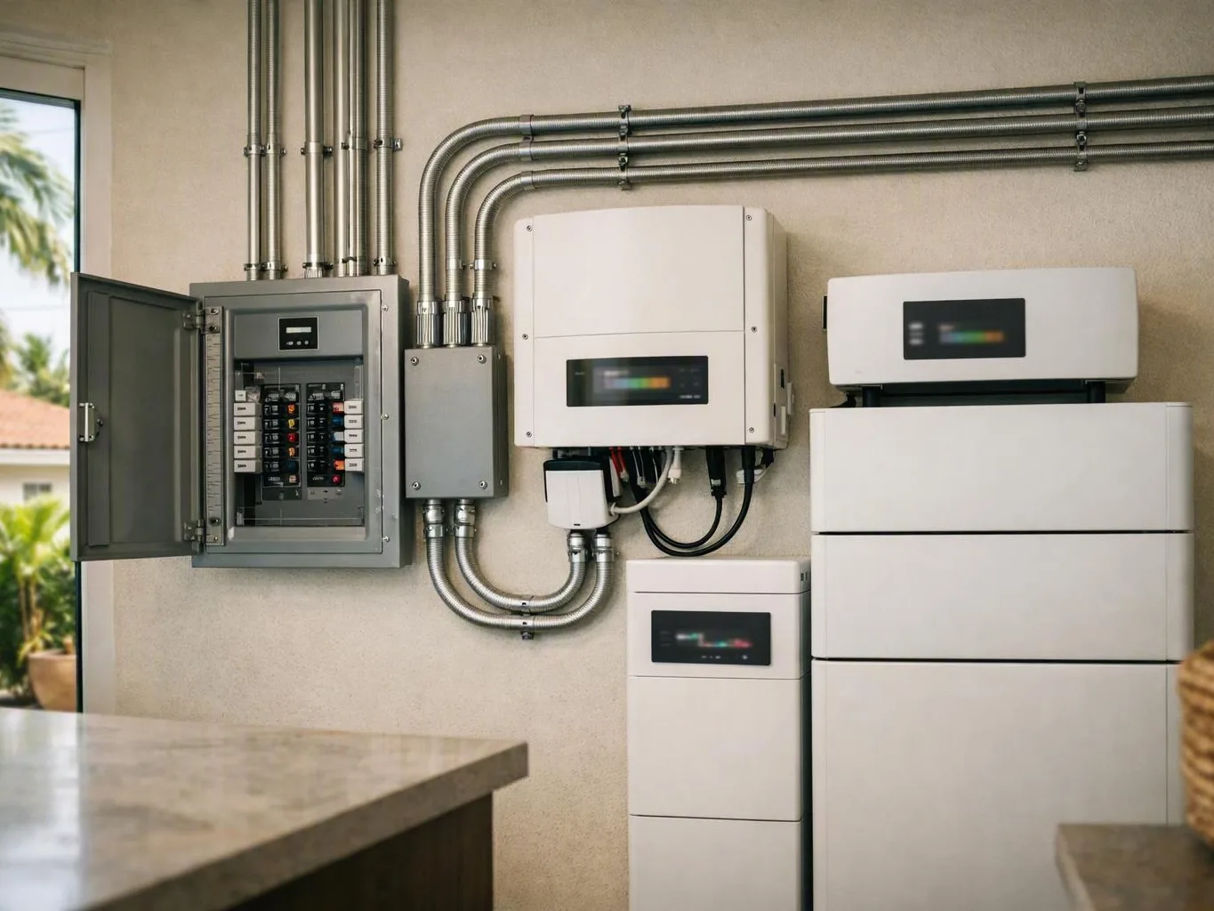 Wall-mounted electrical panels and white battery units connected by exposed