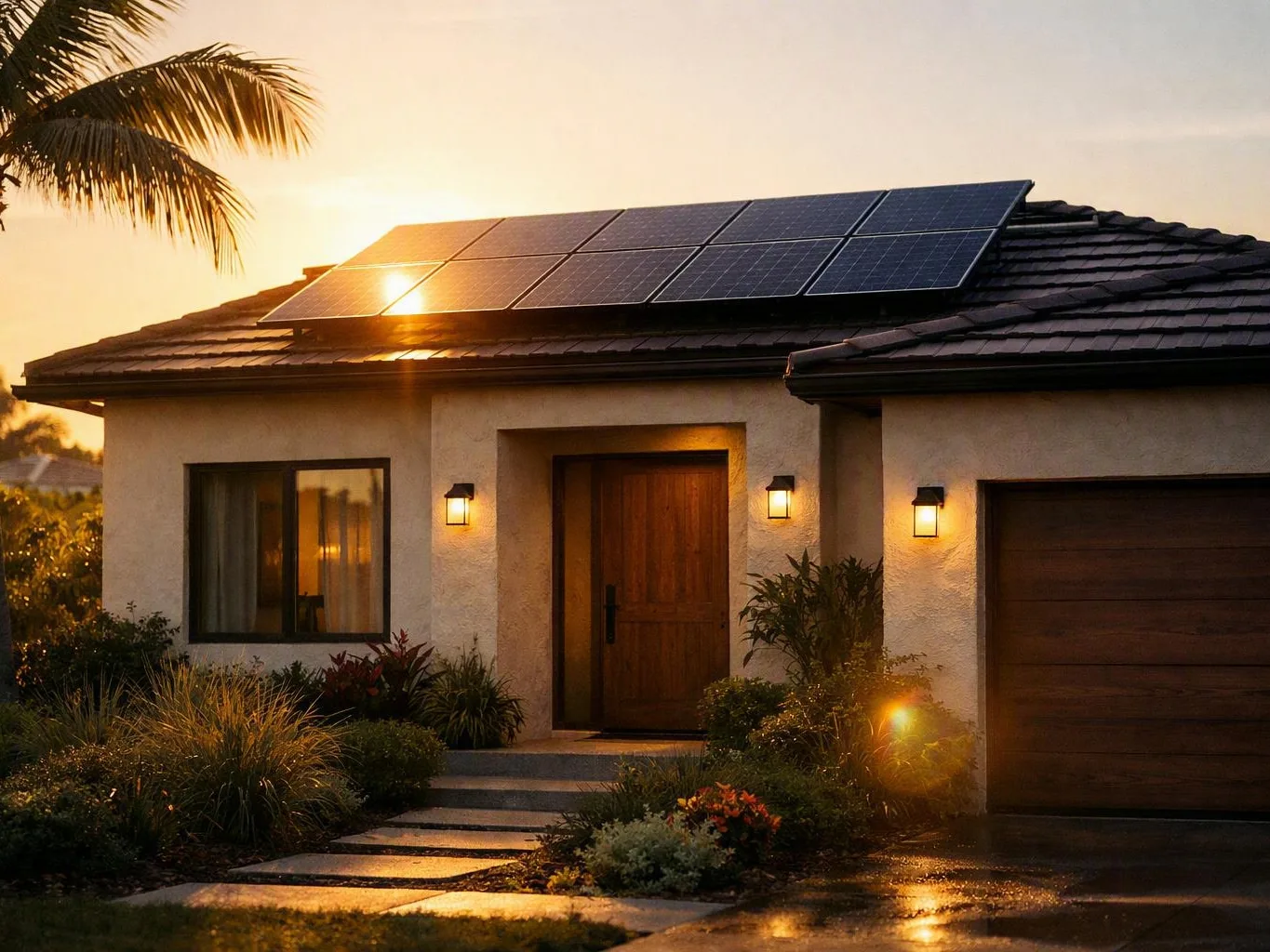 House at sunset with rooftop solar panels, warm porch lights, and a front garden