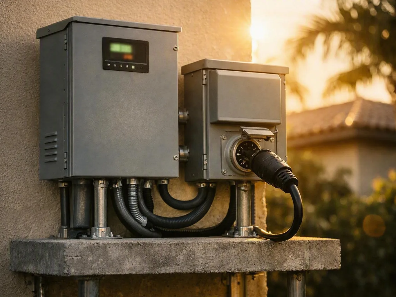 Worker installing a generator transfer switch in a garage