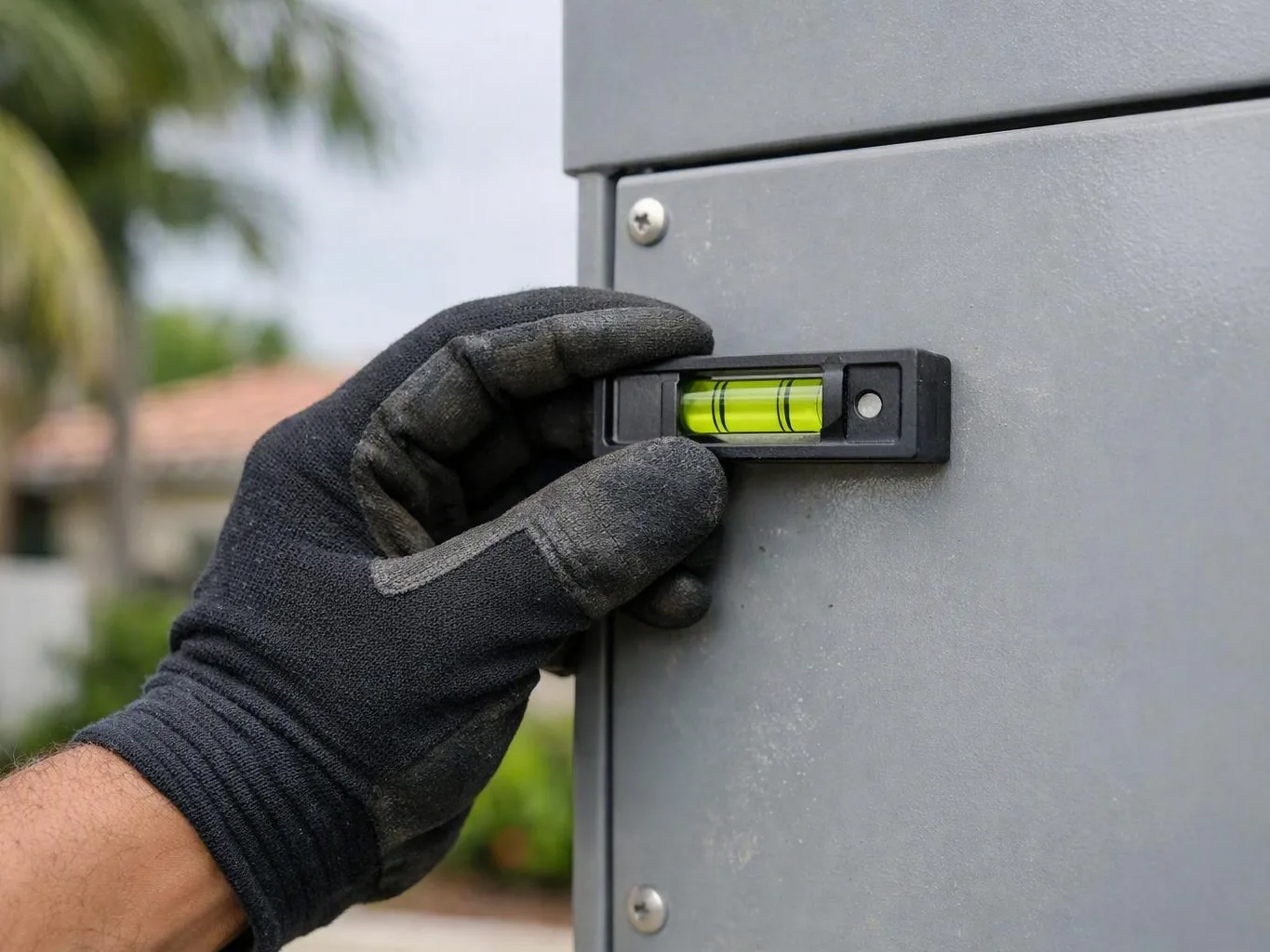 Gloved hand checks a bubble level on an outdoor gray metal electrical panel
