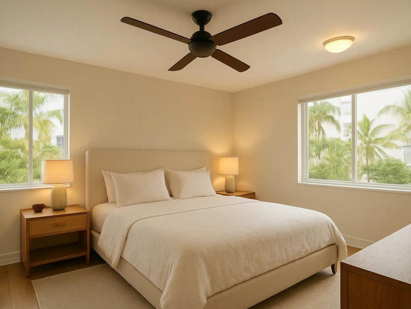 Bright beige bedroom with a made bed, nightstands, and palm trees outside the
