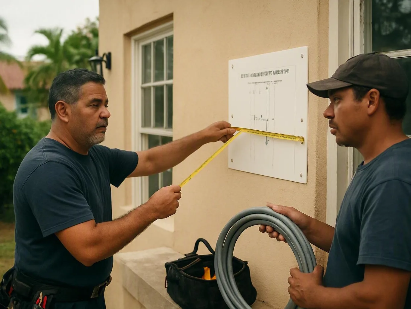 Two men measure a wall-mounted sign beside a house, with a coiled hose nearby