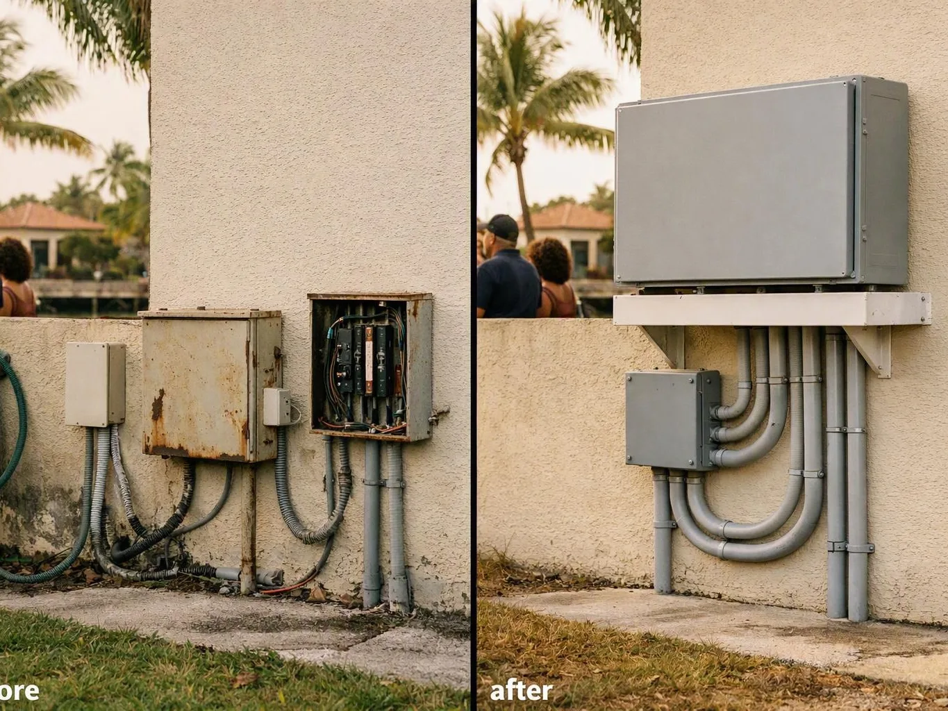 Outdoor electrical boxes and conduit on a stucco wall, showing an old setup