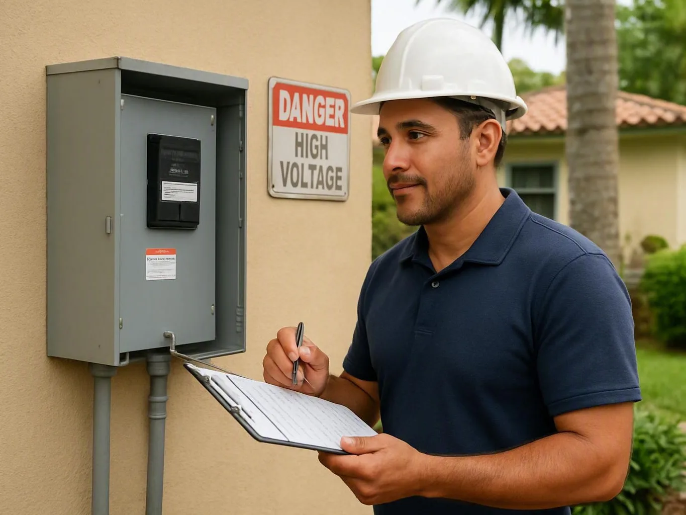 Worker in a hard hat checks an outdoor electrical panel beside a high-voltage