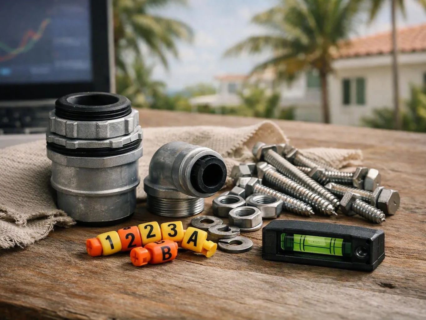 Metal fittings, bolts, washers, numbered tags, and a small level arranged on an