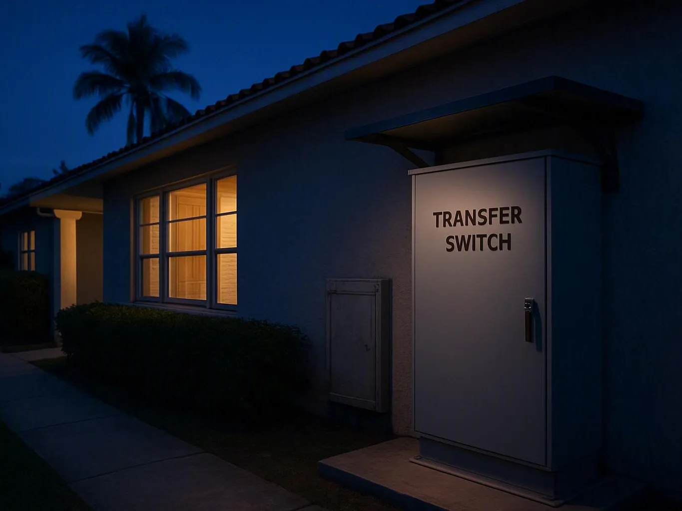 House at dusk with a lit window and a door labeled transfer switch