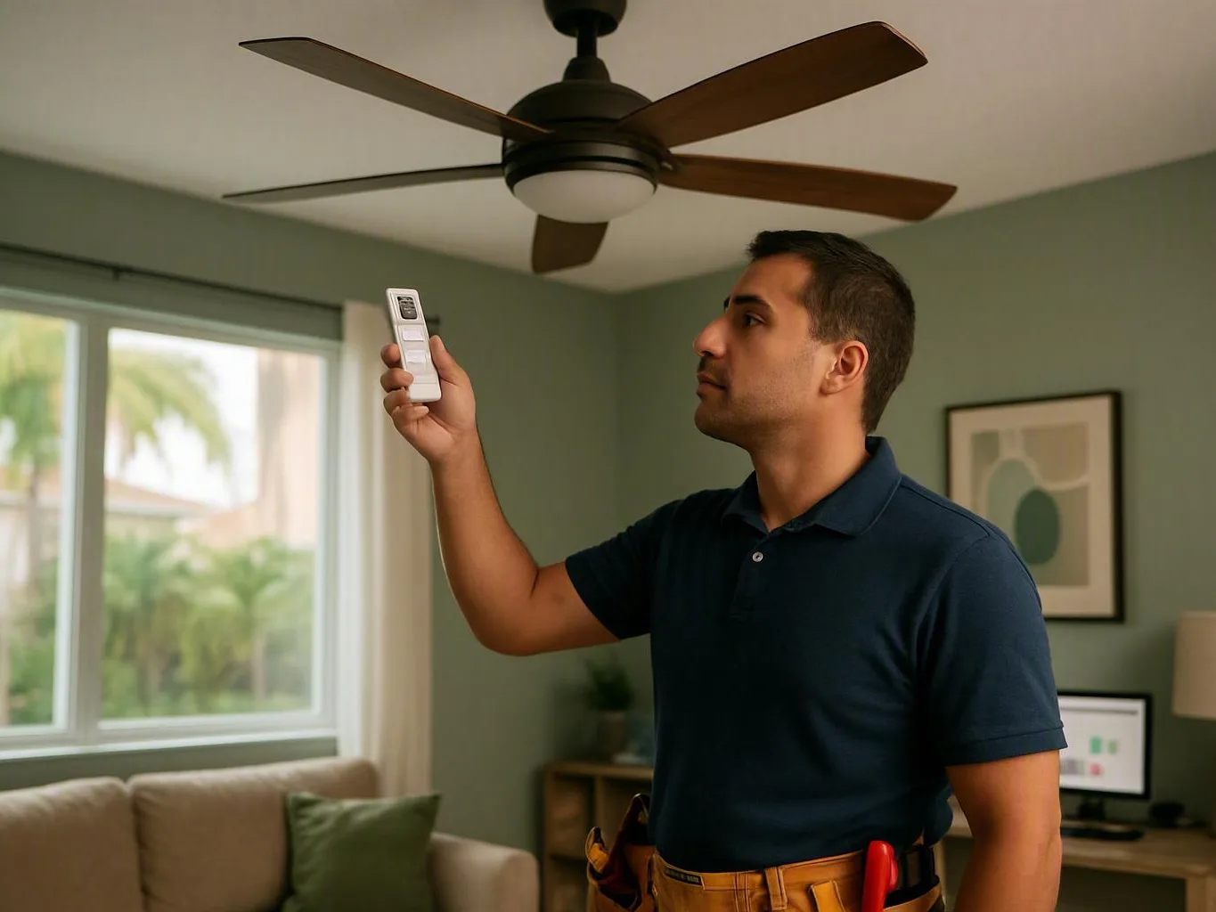 Man in a living room holding a remote while looking toward the ceiling fan