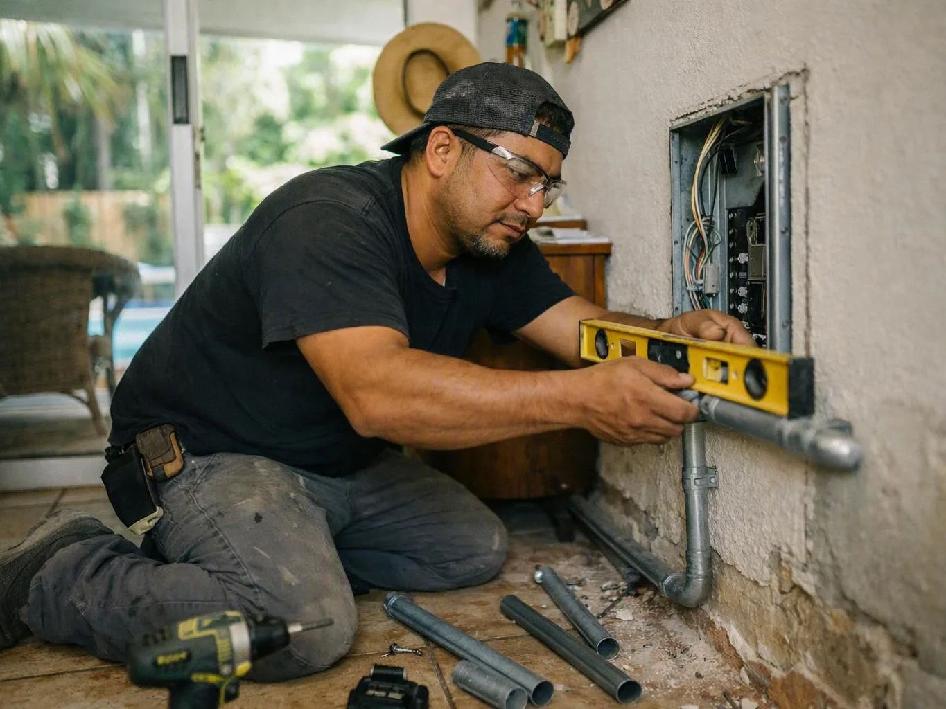 Handyman checks a wall-mounted electrical box with a level beside loose pipes