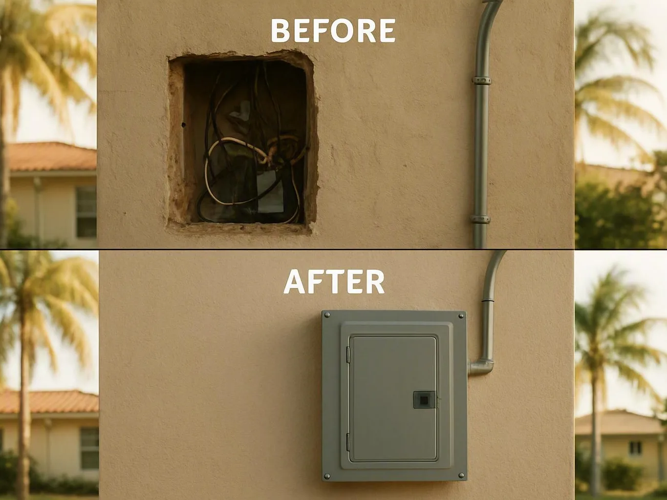 Outdoor wall before-and-after showing exposed wiring replaced with a gray