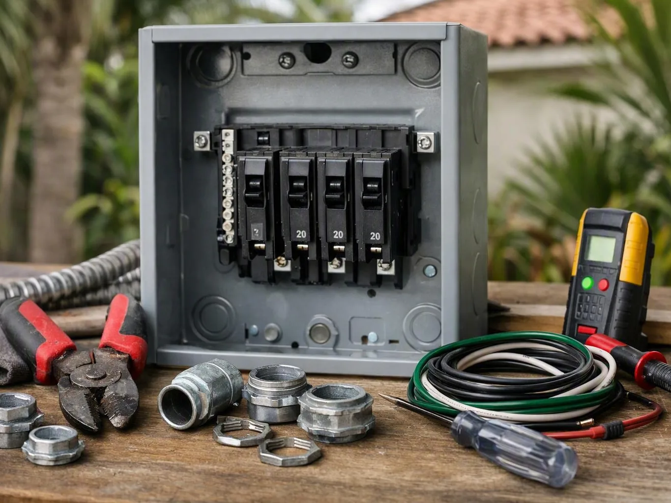 Open electrical breaker box on a table surrounded by tools, wire, fittings, and