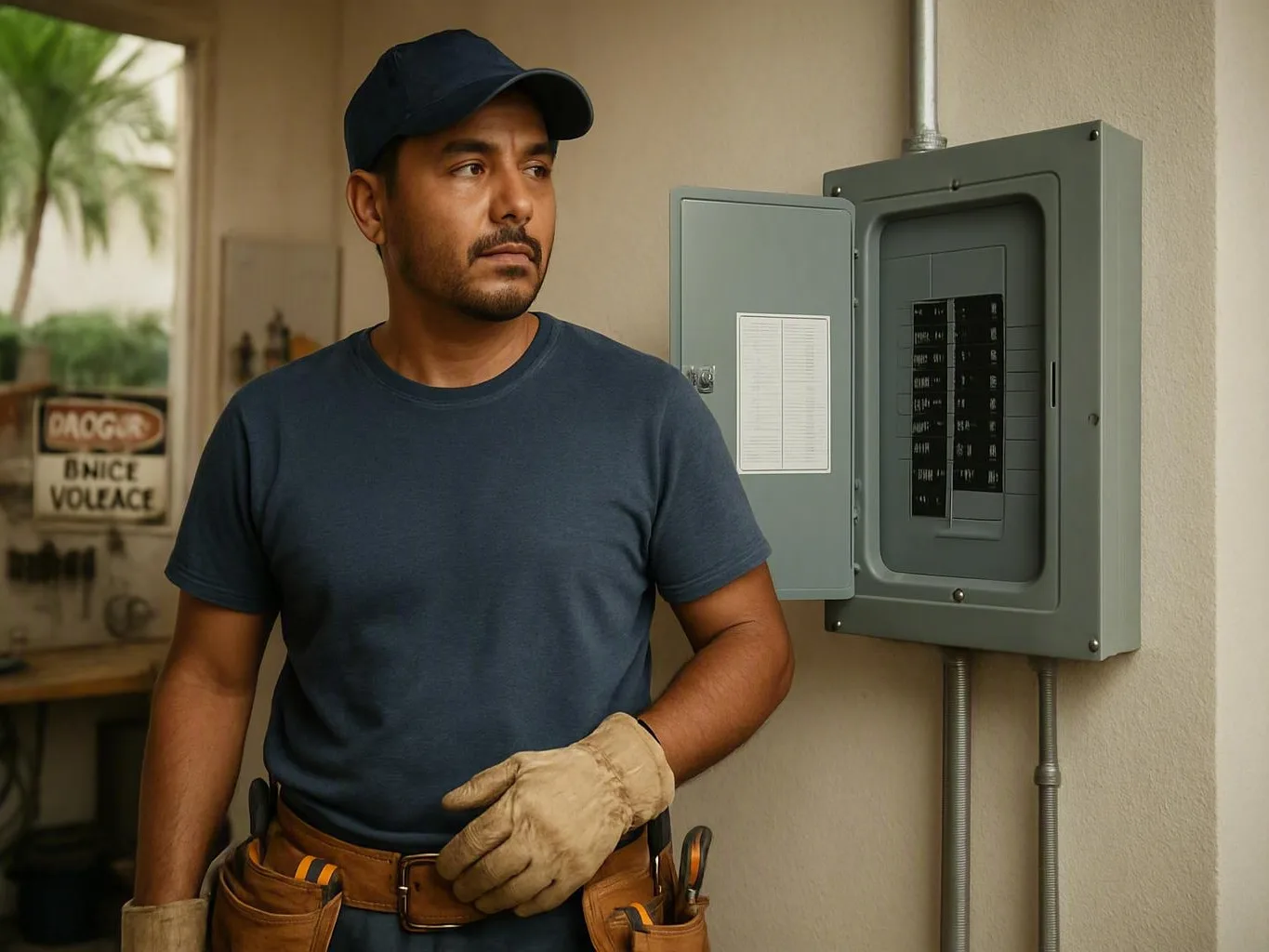 Electrician in cap and gloves stands beside an open indoor breaker panel