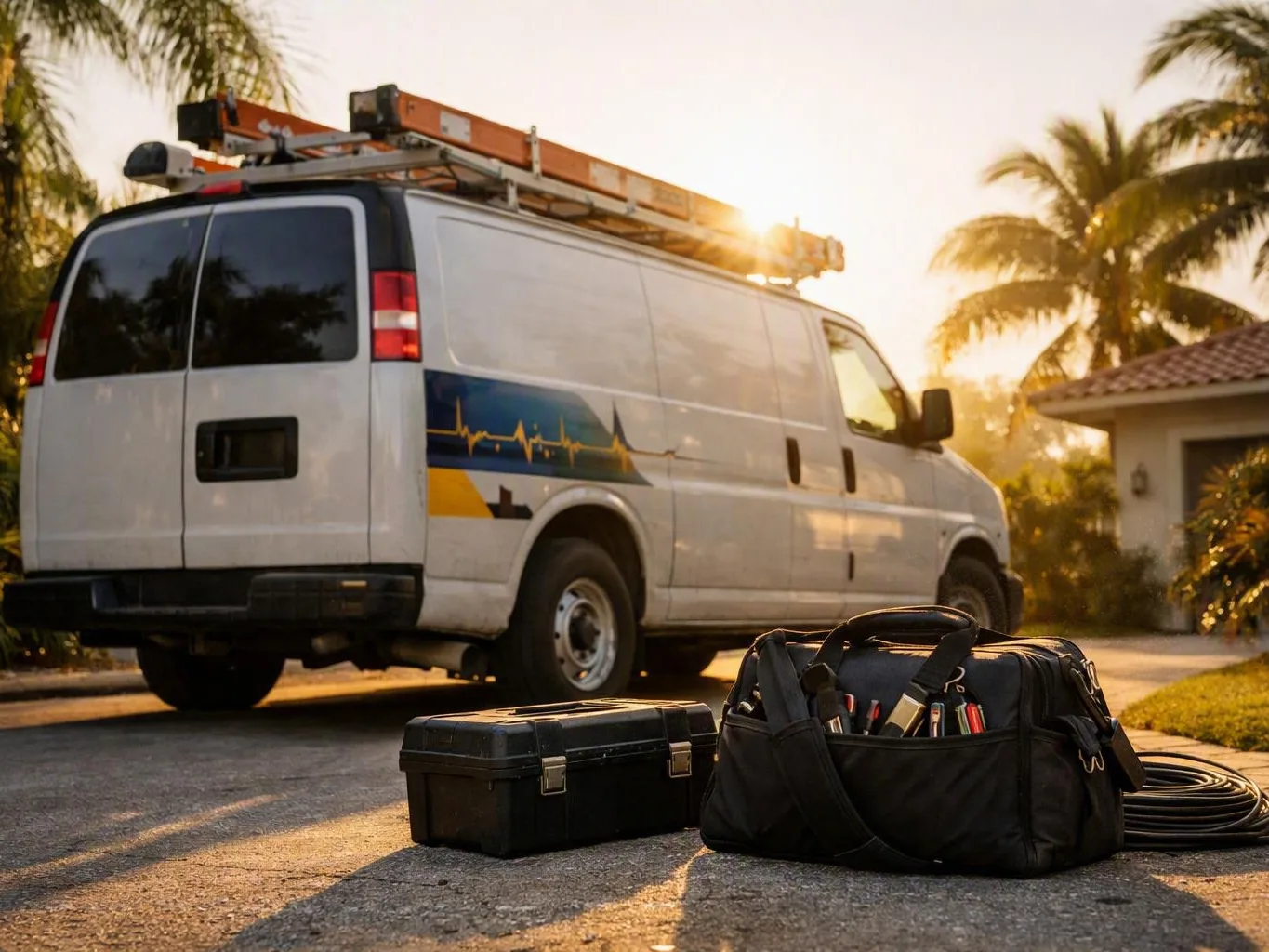 White utility van with rooftop ladders parked beside palm-lined driveway and