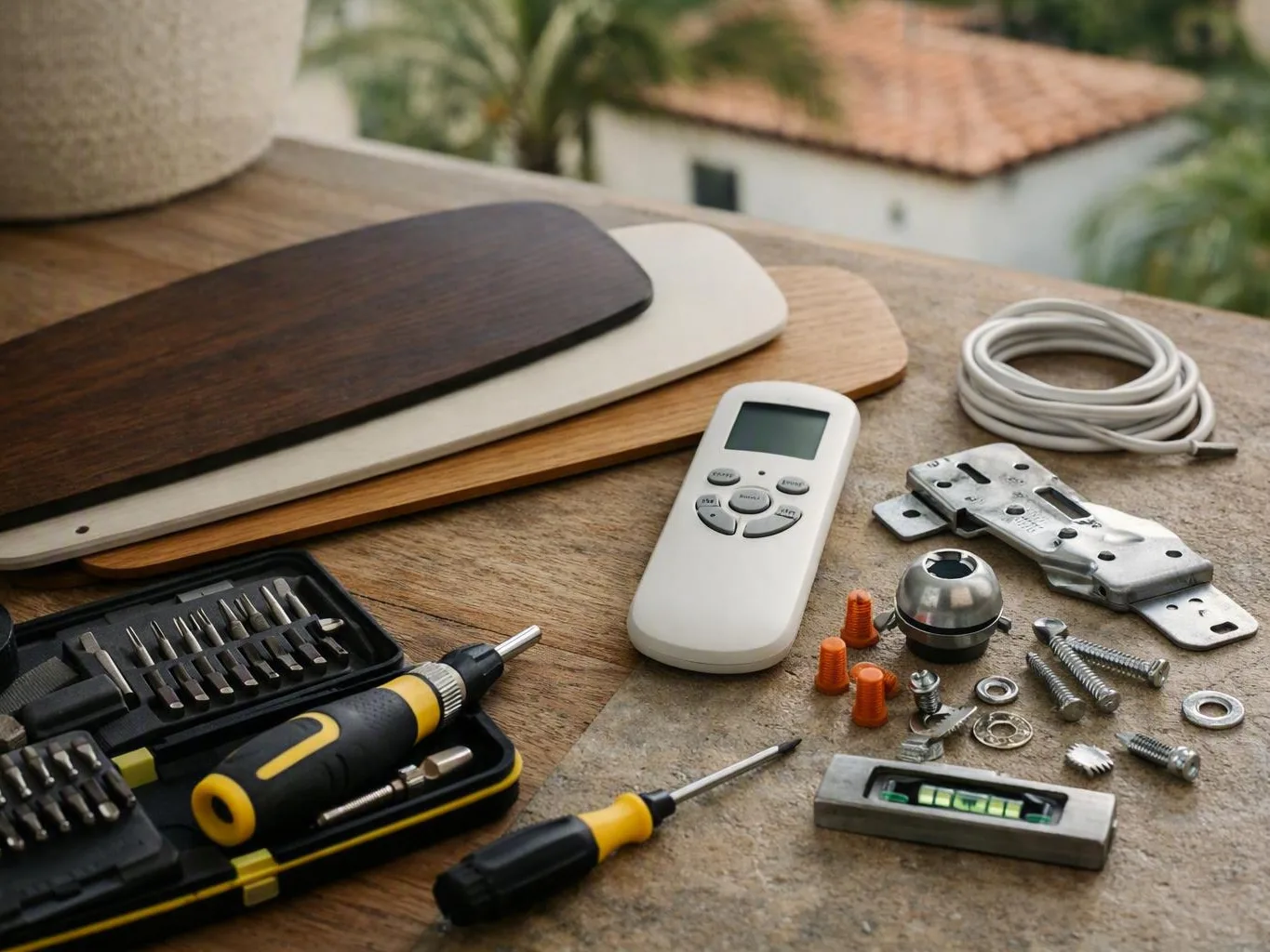Door hardware, screws, tools, remote, and wood finish samples arranged on an