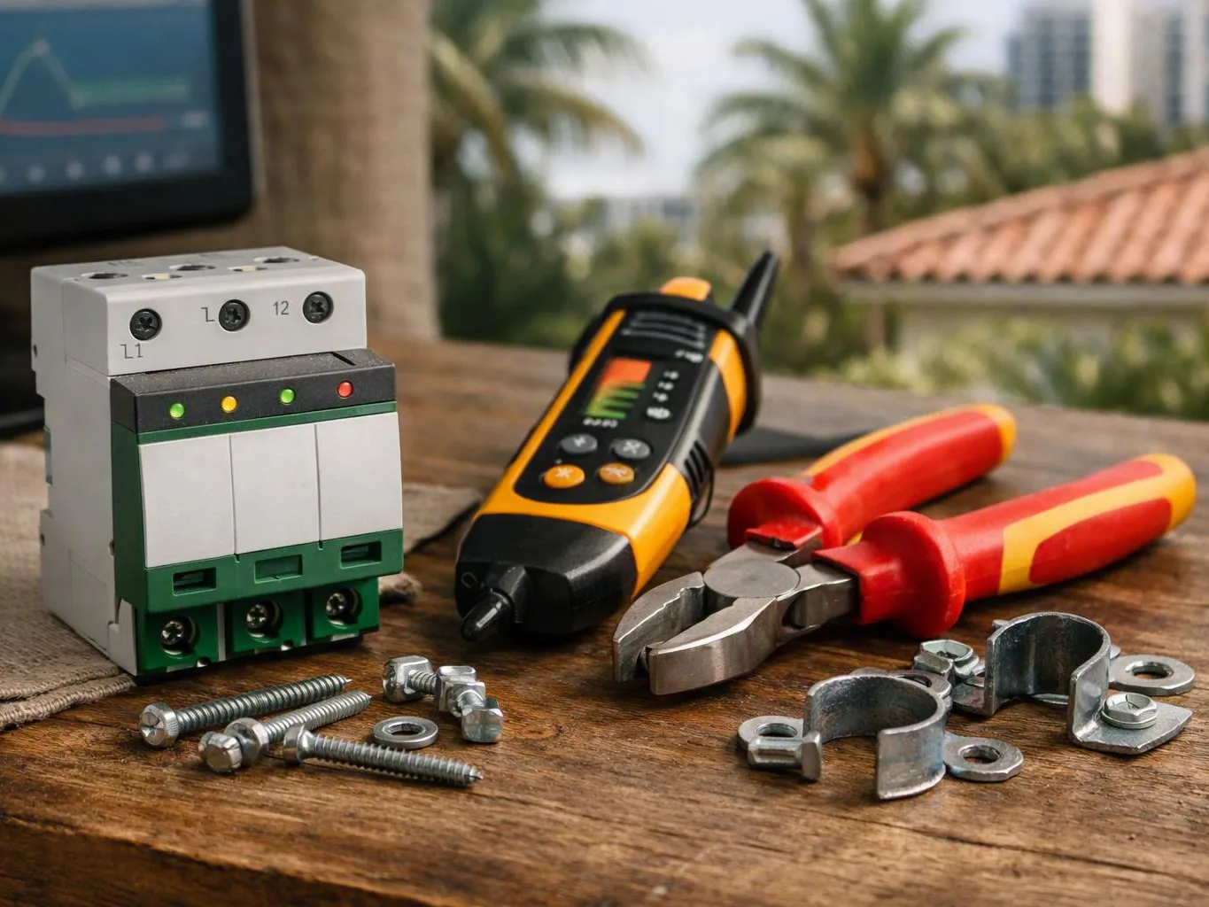 Electrical tools, clamps, screws, and a device arranged on an outdoor table