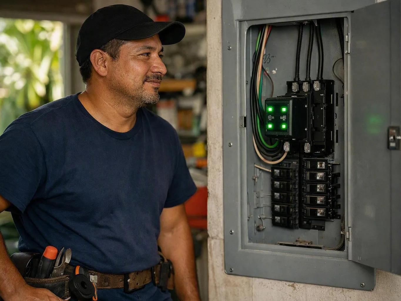 Technician examines an open electrical panel with glowing green indicators in a