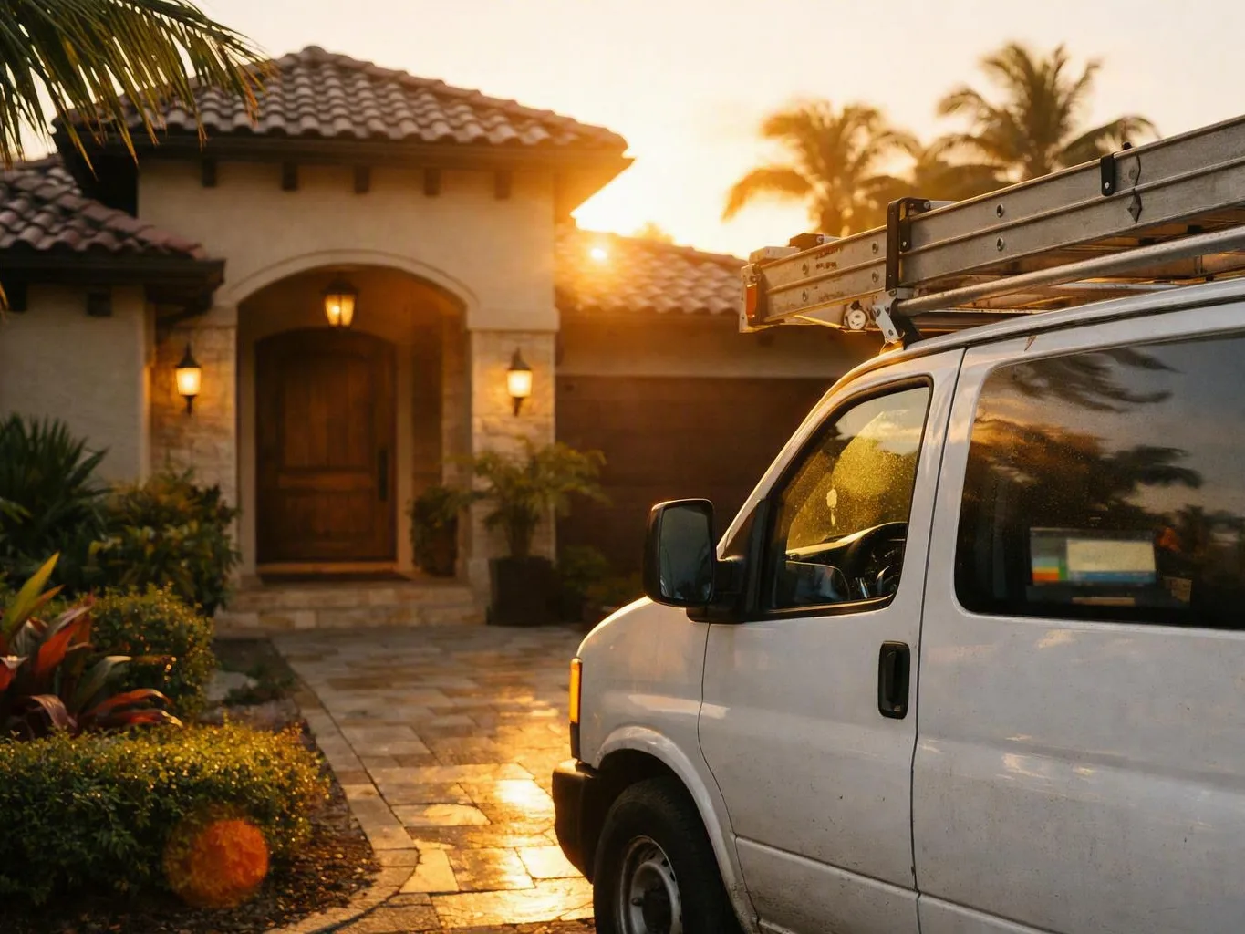 White electrical service van with ladder parked outside a tiled house at sunset