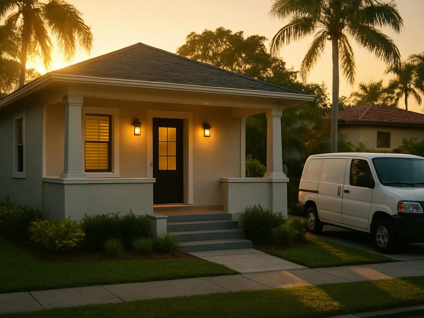 White service van parked beside a small house glowing at sunset with palm trees