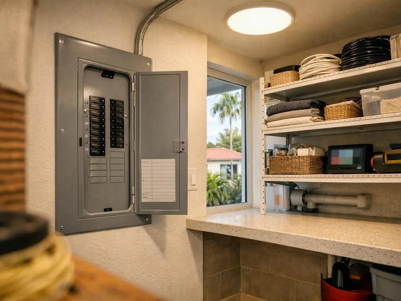 Open electrical breaker panel beside a window and organized utility room shelves