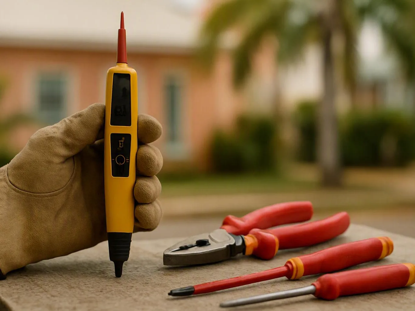 Gloved worker testing electrical equipment beside pliers and screwdrivers