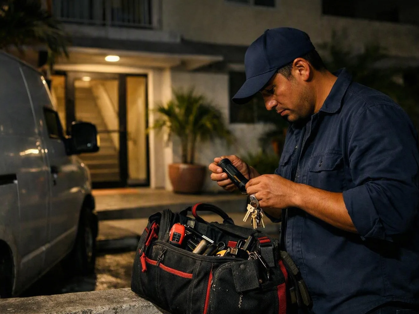 Worker checking a flashlight beside a tool bag and service van at night