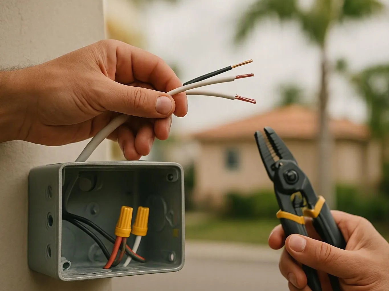 Hands hold stripped electrical wires beside an open outdoor junction box and