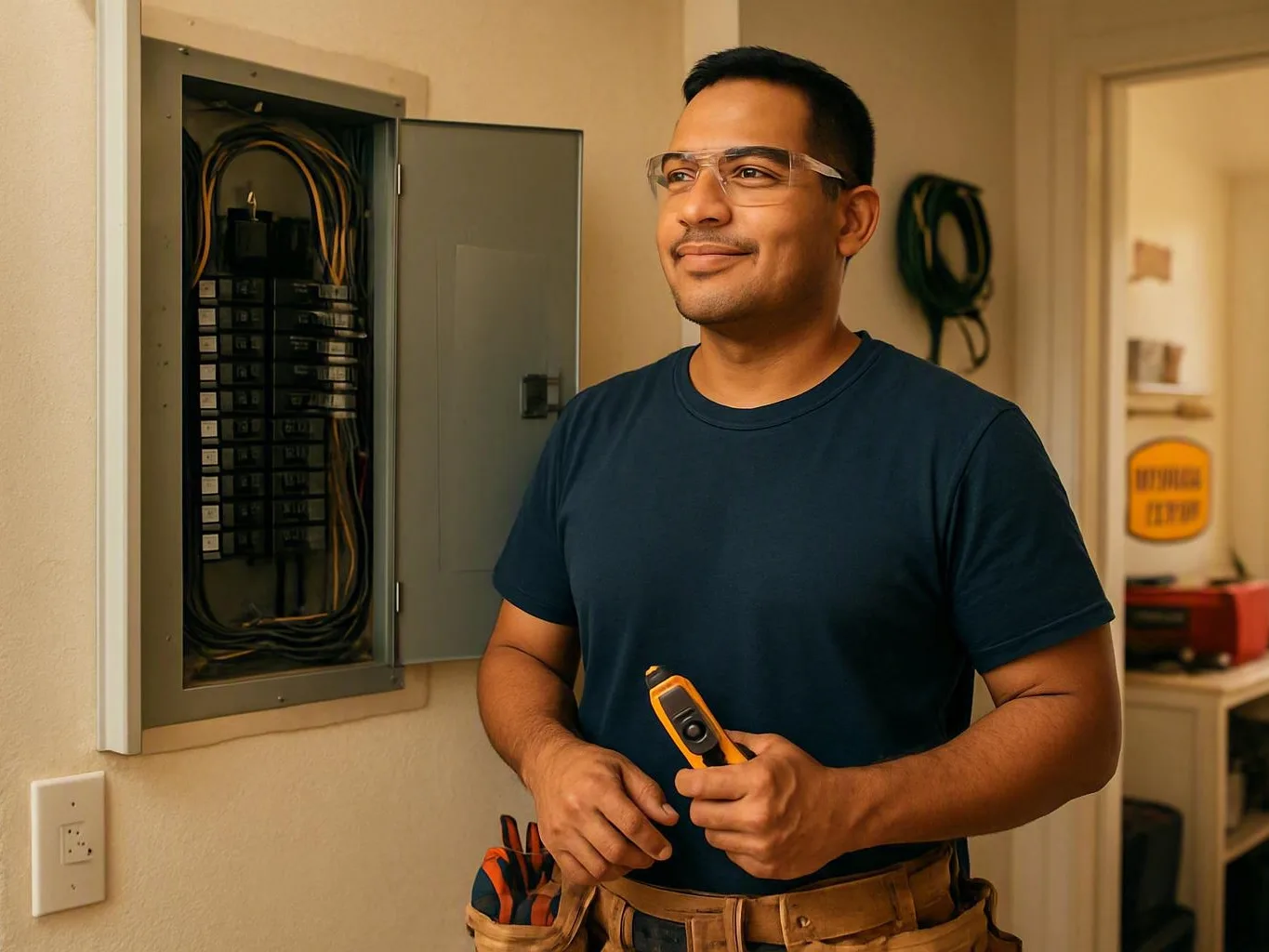Electrician wearing safety glasses tests an open electrical panel with a — What Does a Full Rewiring Plan Include for a Co...