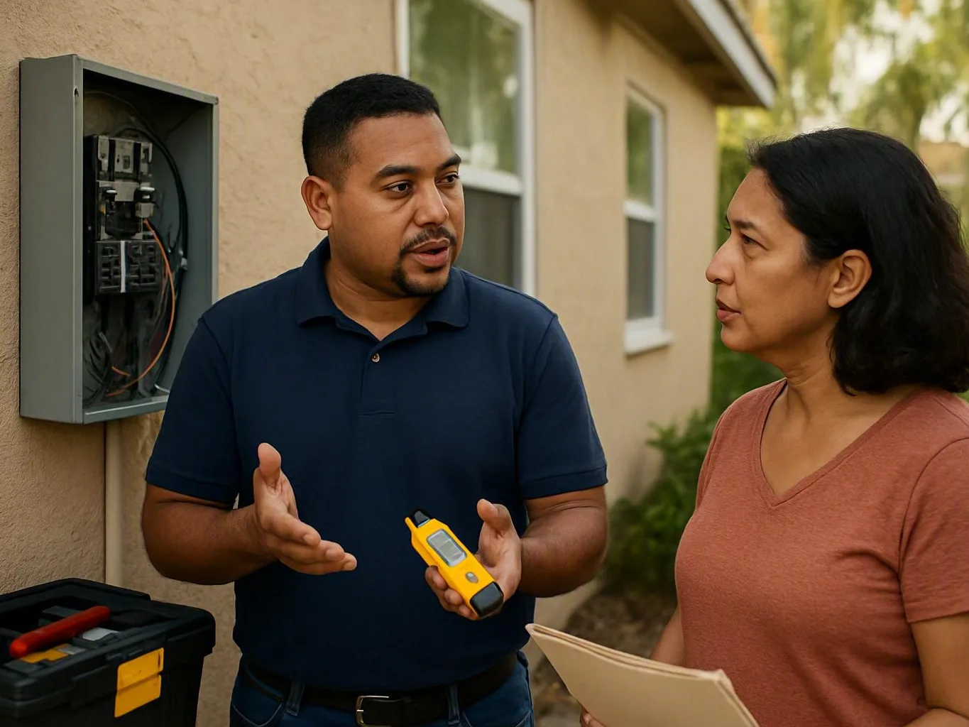 Electrician and homeowner discuss an open outdoor electrical panel during a