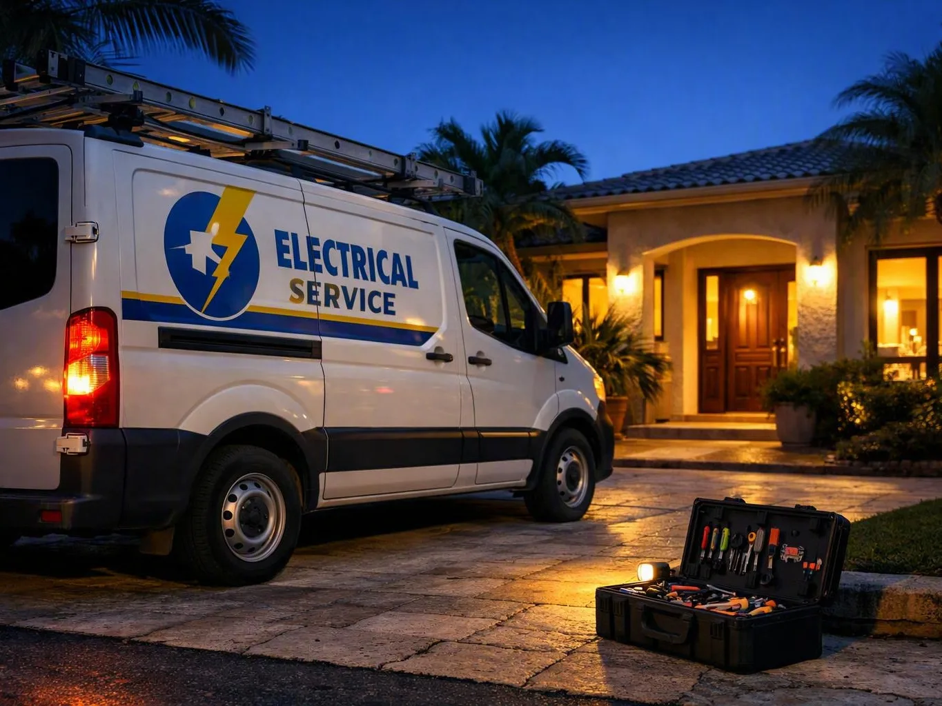 Electrical service van parked outside a lit house at dusk beside an open tool
