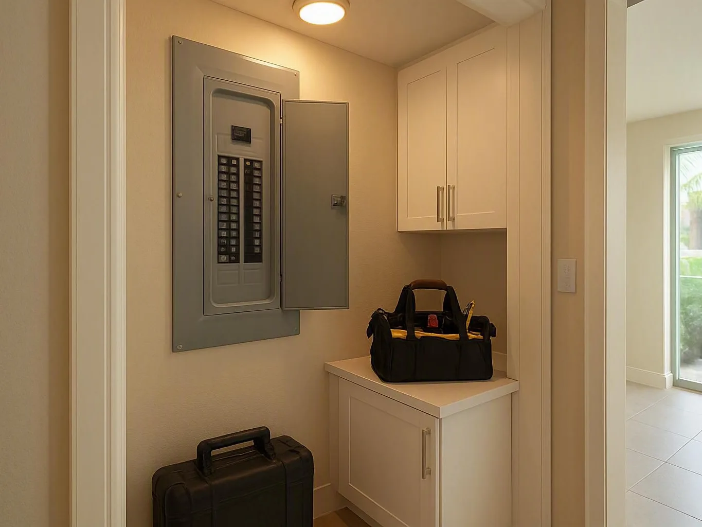 Open electrical panel in a utility nook with white cabinets and tool bags nearby