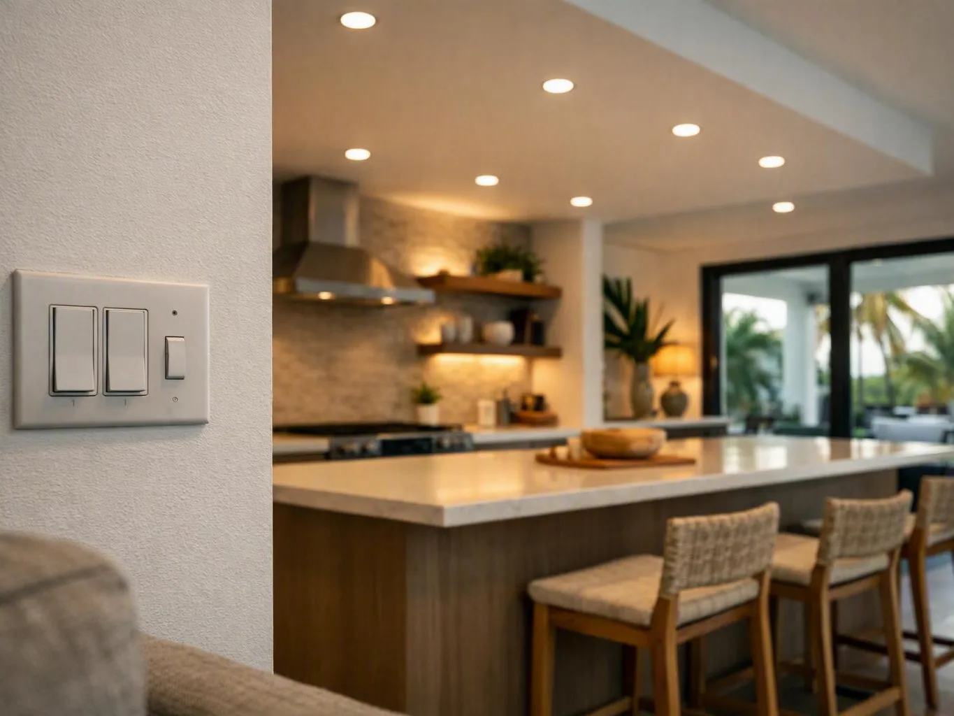 Modern kitchen with large island, bar stools, recessed lights, and wall switch