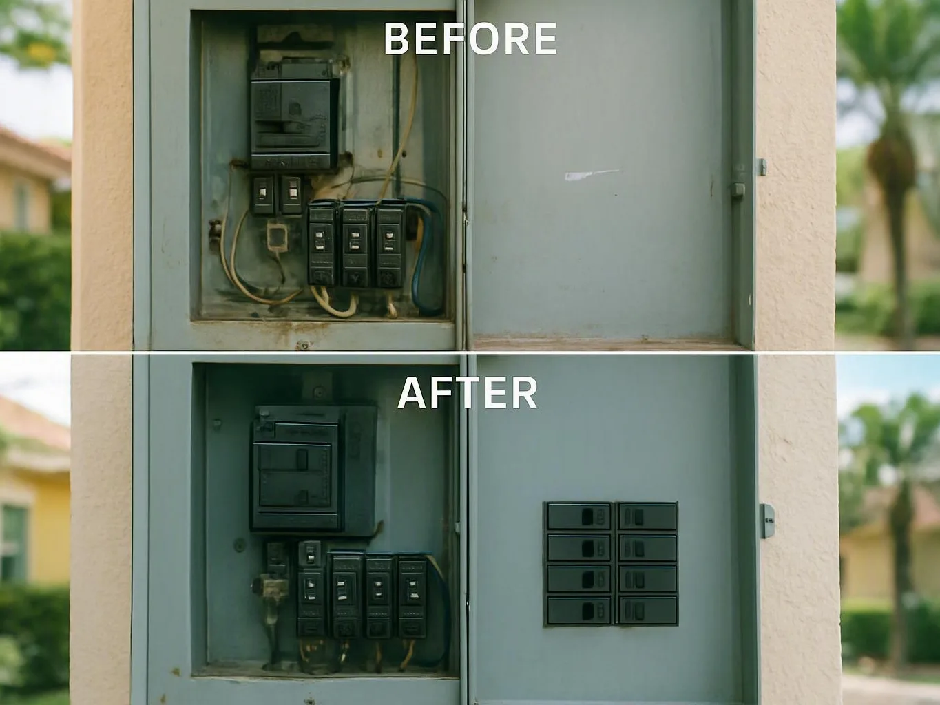 Outdoor electrical panel shown before and after repair, with cabinet labels and