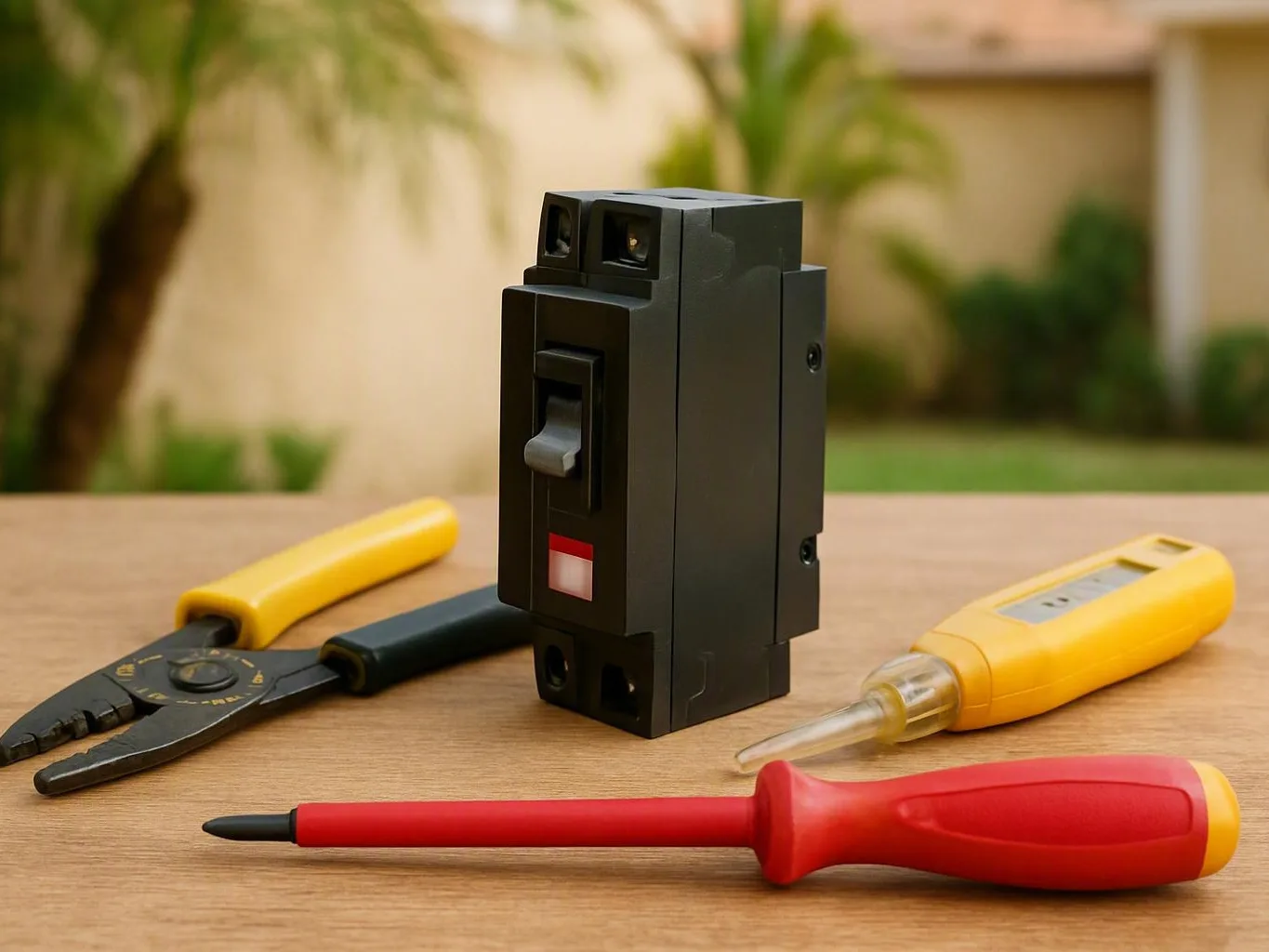 Black circuit breaker with insulated pliers, voltage tester, and screwdriver on