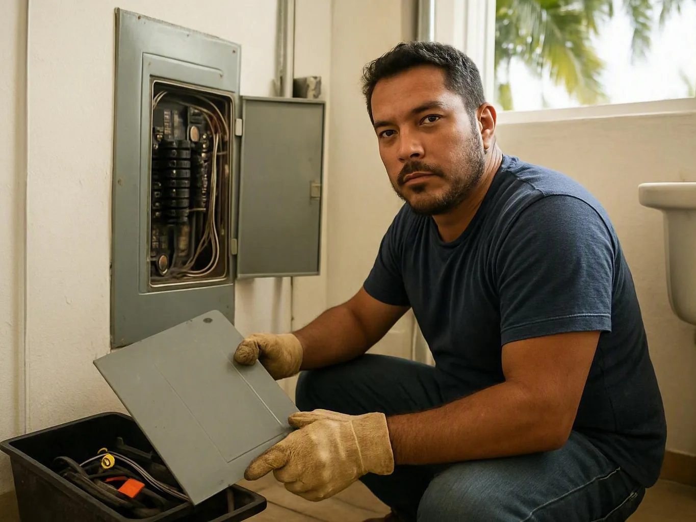 Gloved electrician crouching beside an open electrical panel while holding its