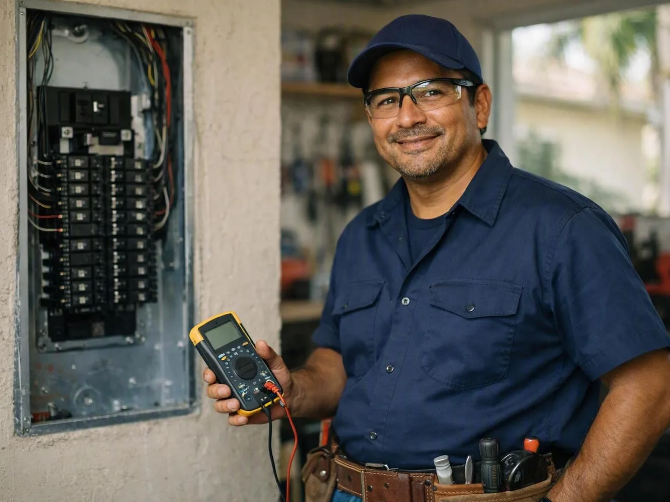 Smiling electrician in blue uniform testing an open breaker panel with a
