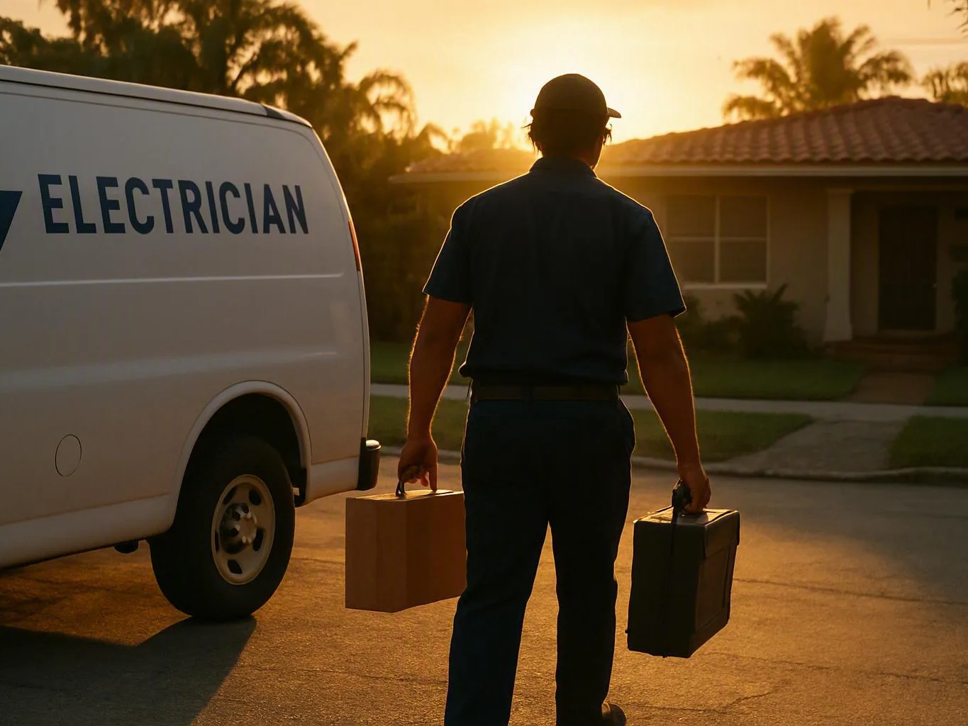 Electrician carrying two tool boxes from a white service van at sunset