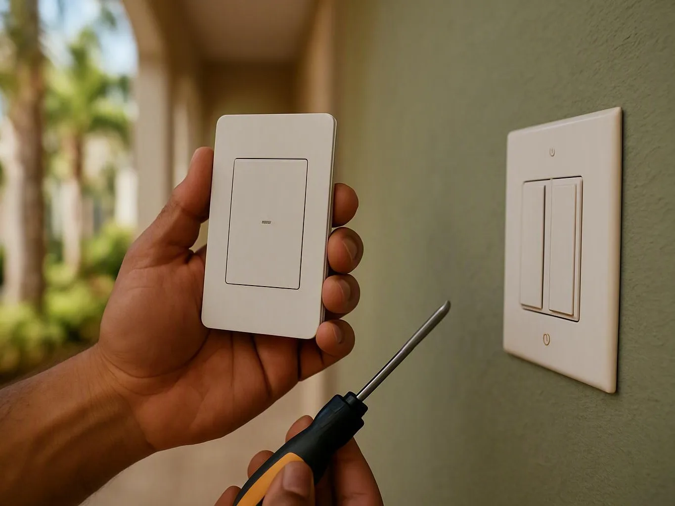 Hand holding a white switch cover and screwdriver beside an outdoor dimmer