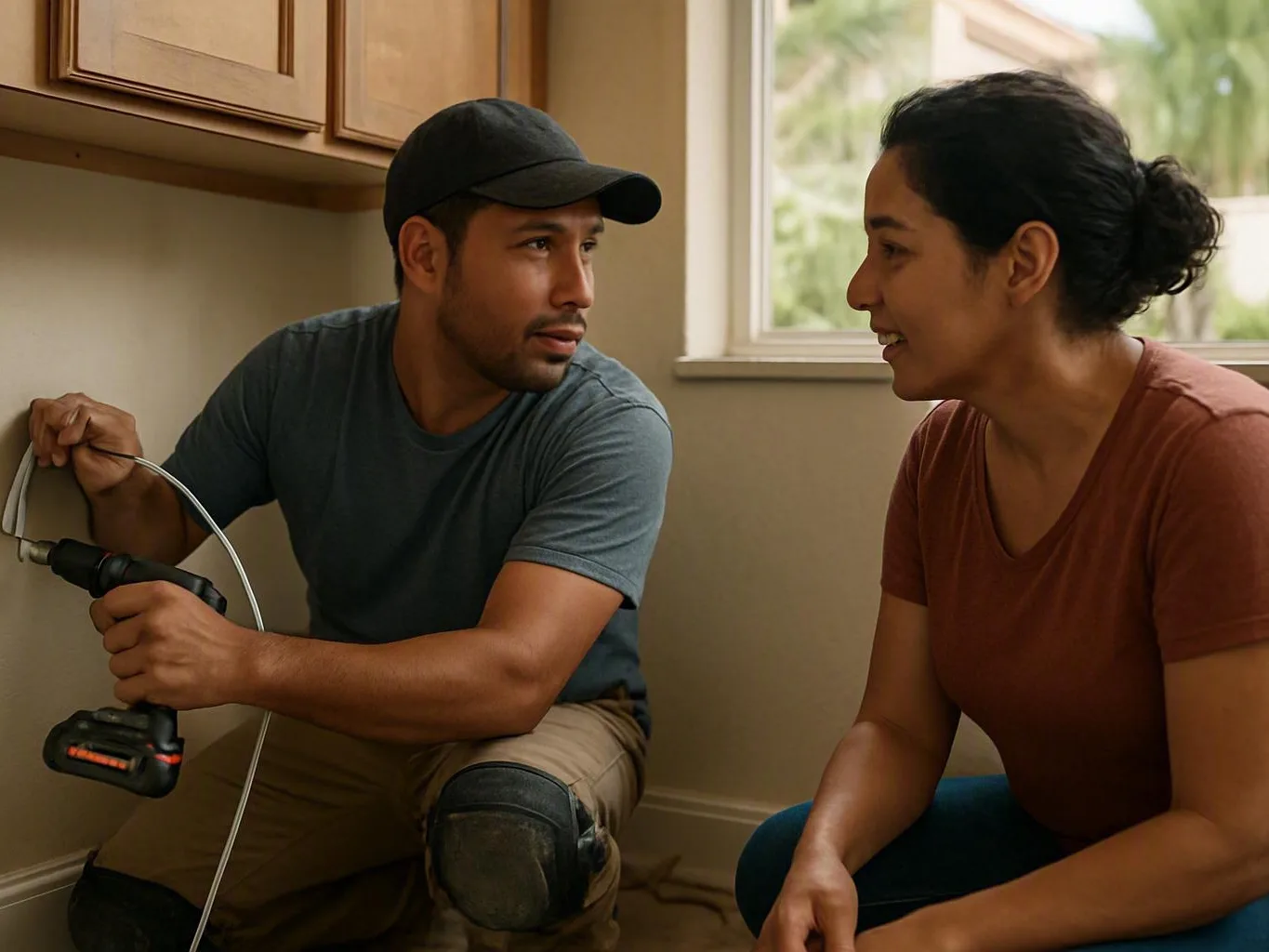 Technician kneels beside a wall outlet while a woman discusses electrical repair