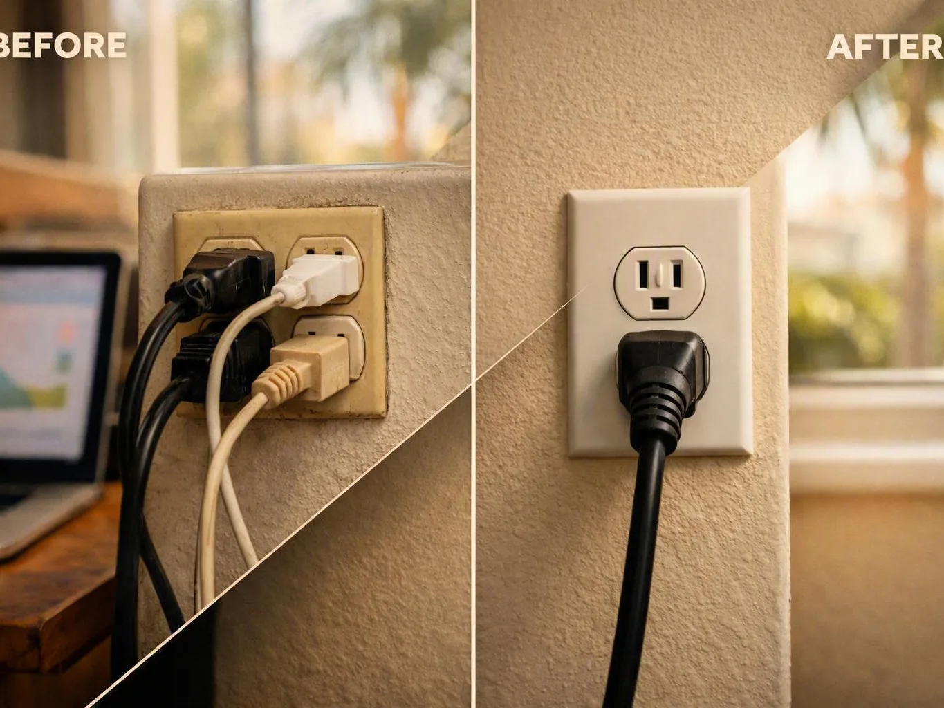 Before-and-after comparison shows overloaded wall plugs replaced with one clean