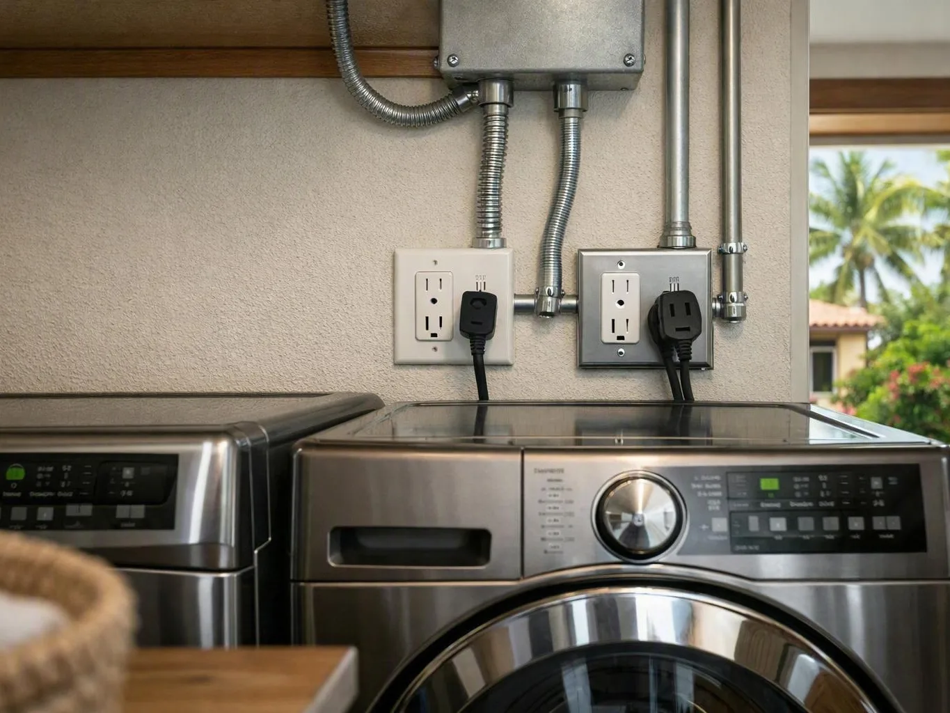 Laundry machines sit beneath wall outlets and exposed conduit along a textured