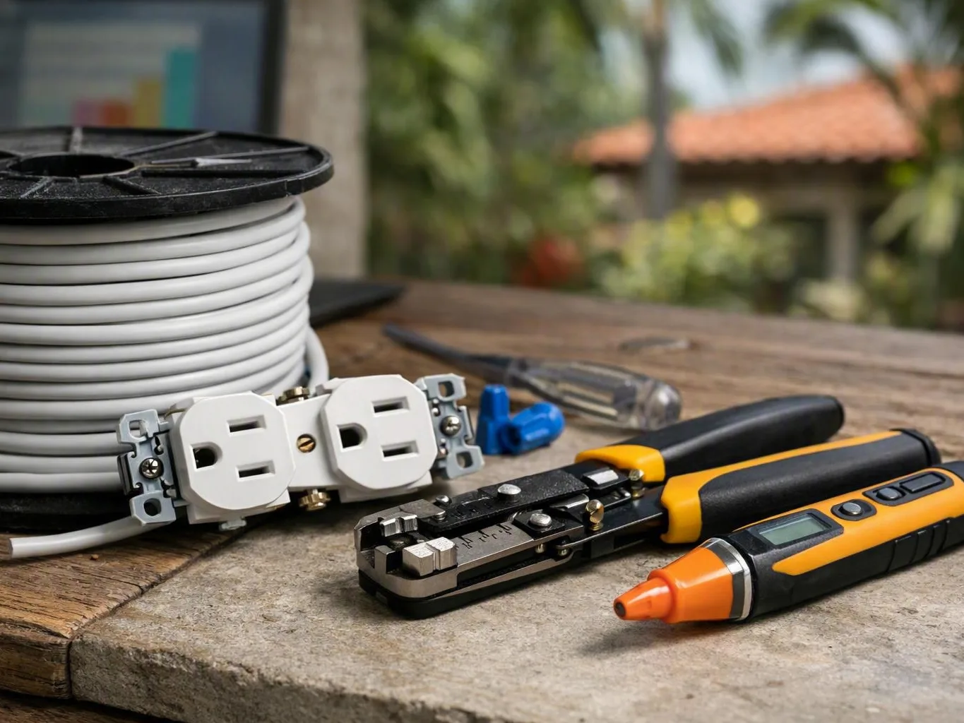 Electrical repair tools, white cable, outlet, wire stripper, and tester on an