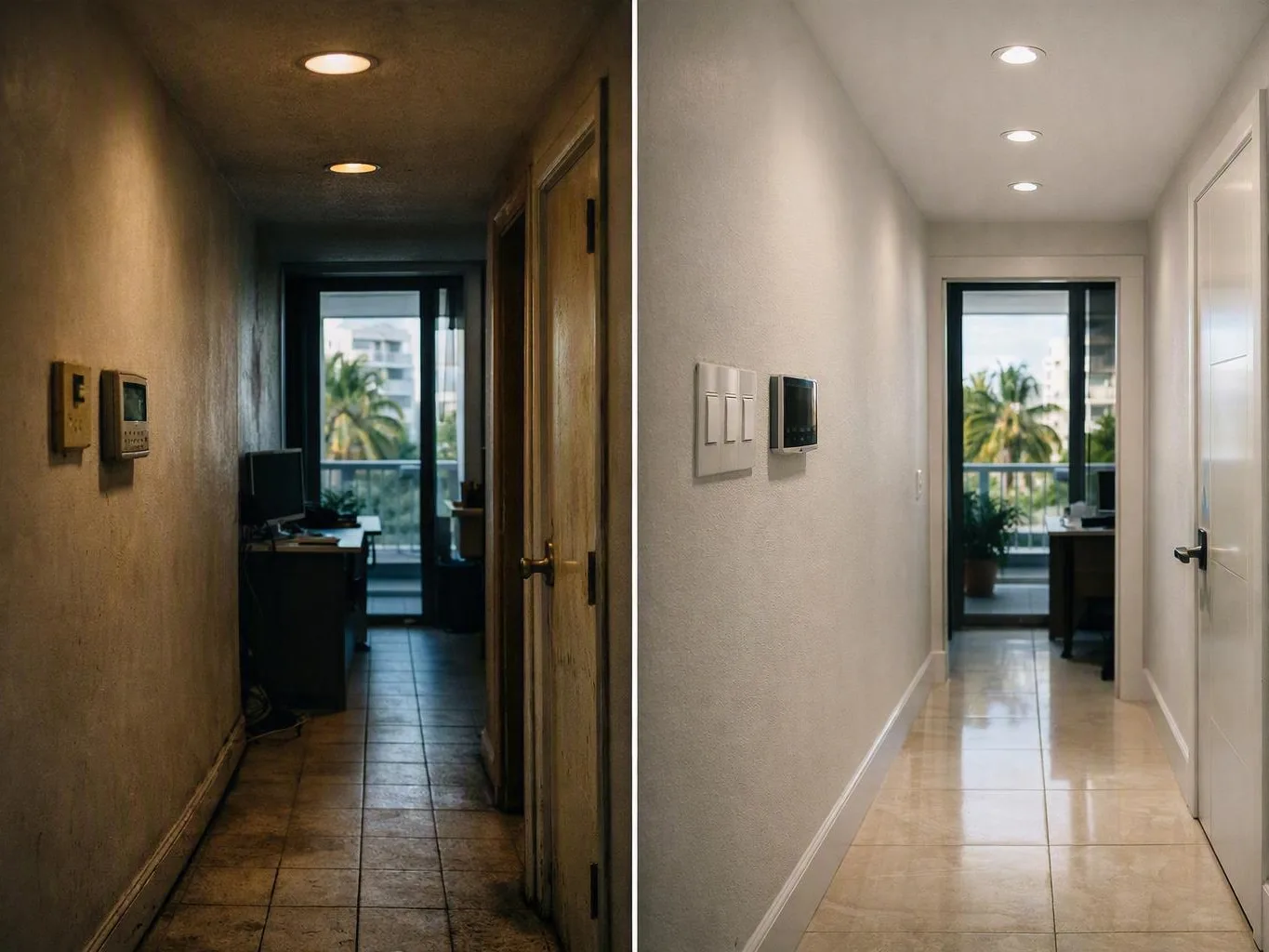 Side-by-side hallway views showing a dark worn corridor and bright renovated