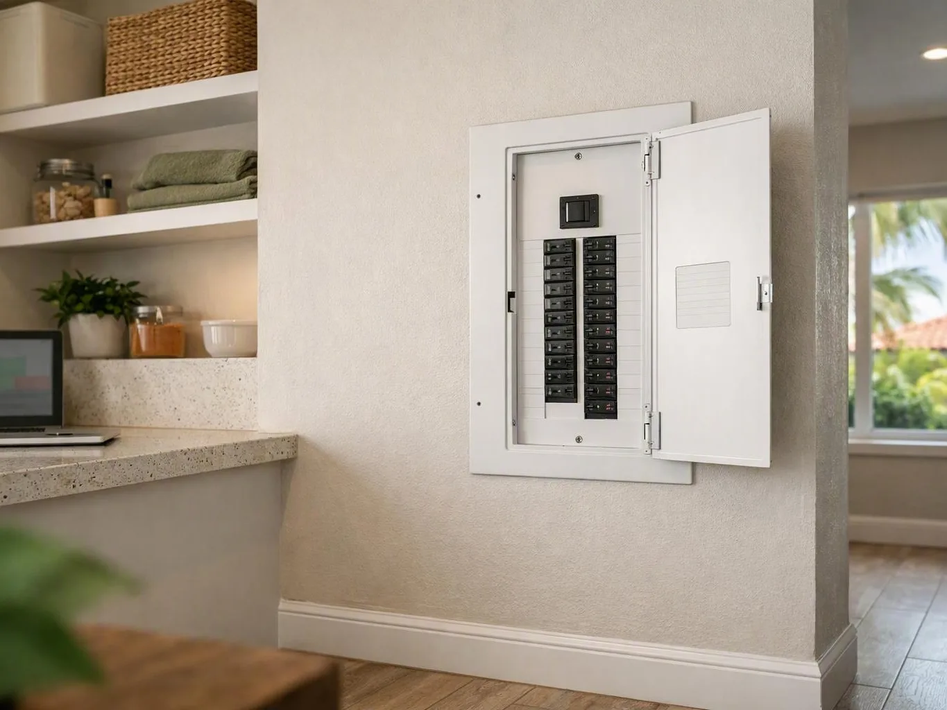 Open electrical breaker panel mounted beside kitchen shelves and a countertop