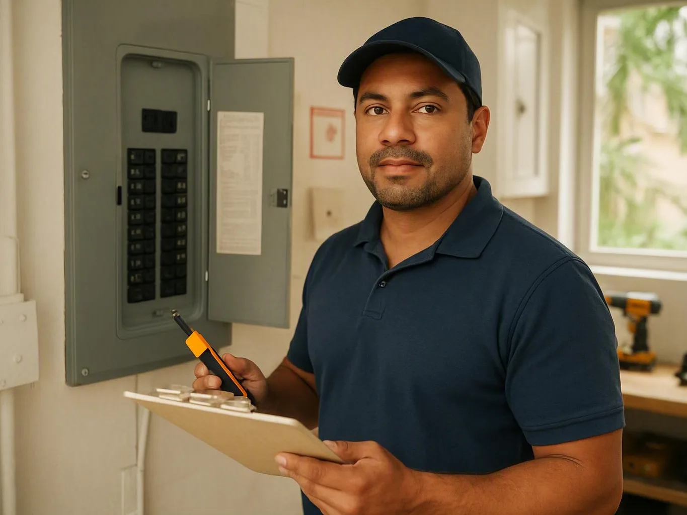 Technician checking a breaker beside a commercial panel