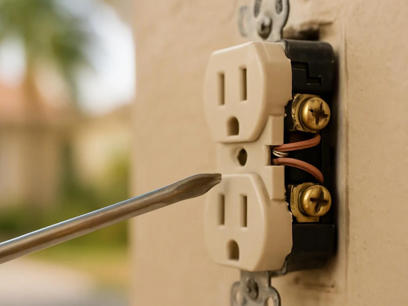Screwdriver points to exposed wiring and brass screws inside a wall outlet