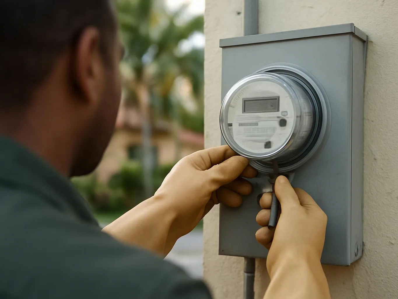Electrician installing a round electric meter on a gray outdoor wall box