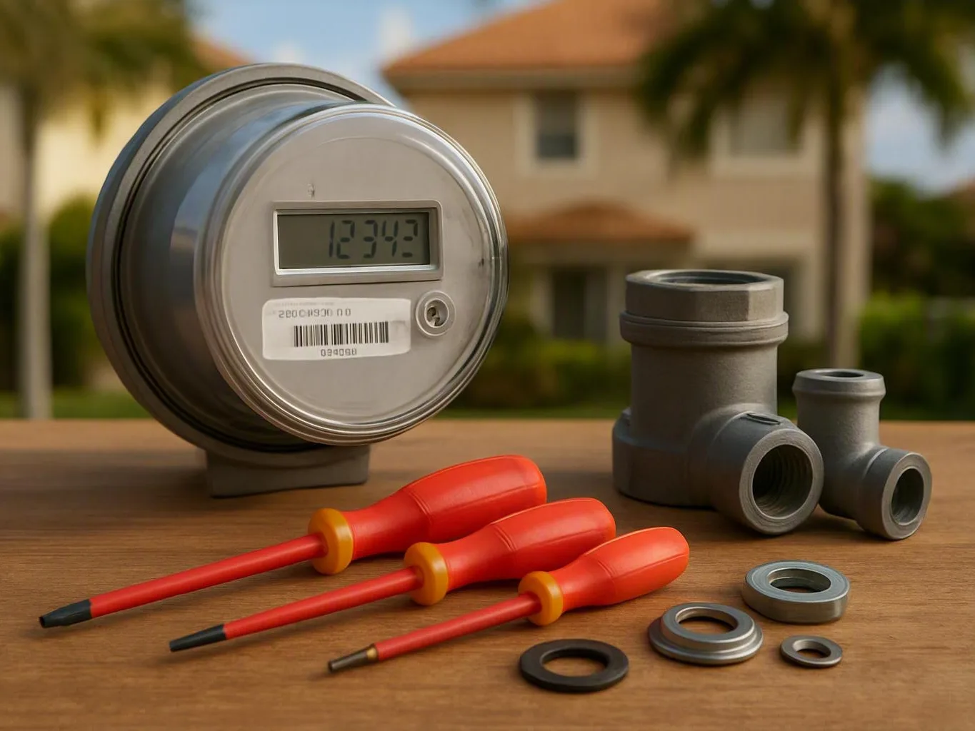 Digital utility meter, screwdrivers, and gray pipe fittings on a wooden table